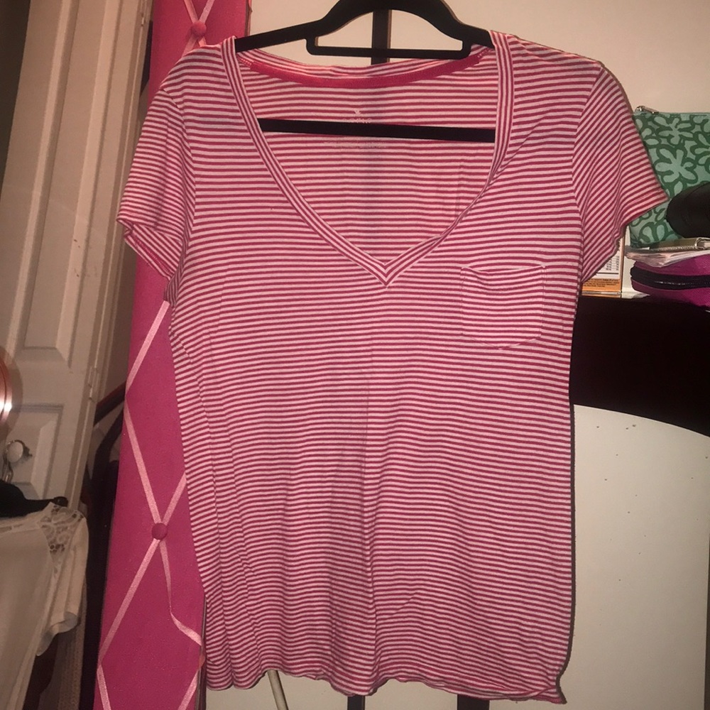 Aerie Pink Striped Pocket V-Neck